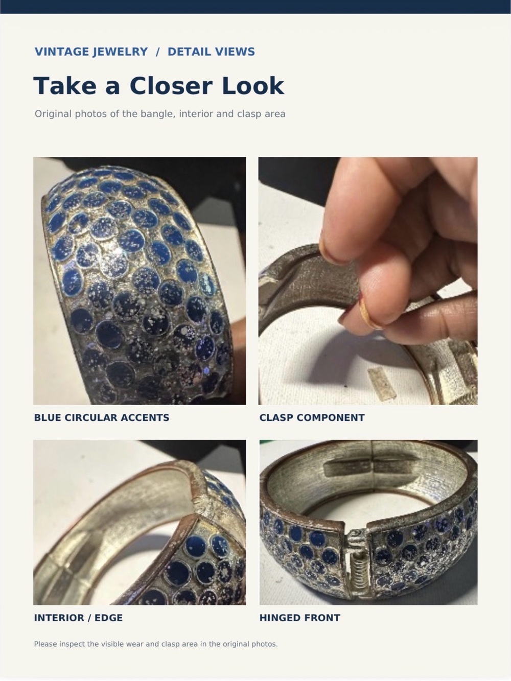 Vintage-Inspired Blue Crystal Hinged Bangle Bracelet-wear/tear-needs cleaning